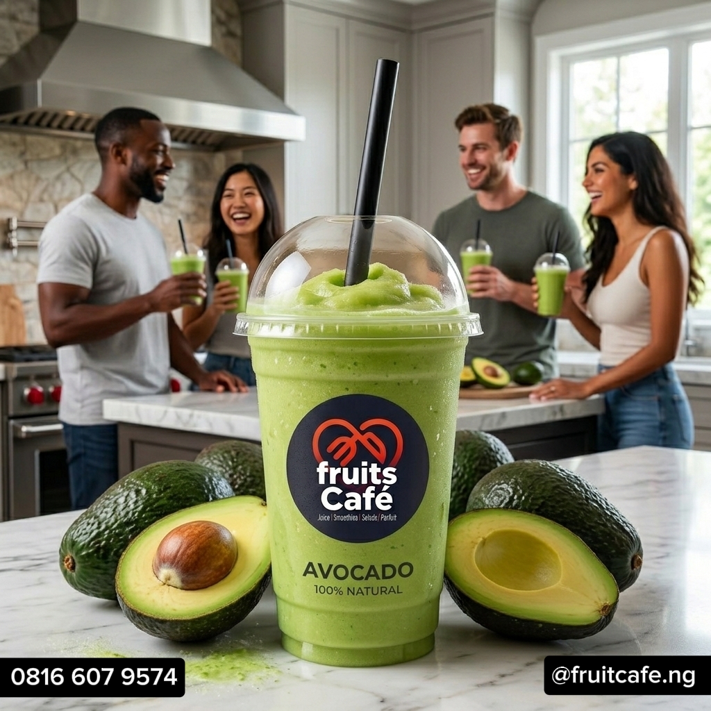 Enjoy Fresh Avocado Smoothie from Fruits Cafe in Lagos. Packed with healthy fats, vitamins and naturally creamy. Order in Lagos on 0913 126 3512